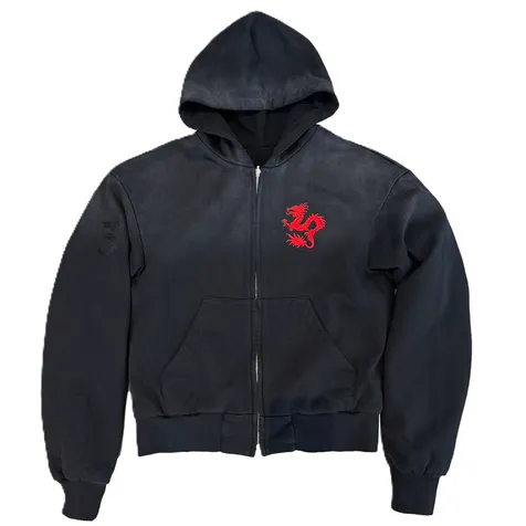 noEmosen Black Embroidered Dragon Zip-Up Hoodie product photo