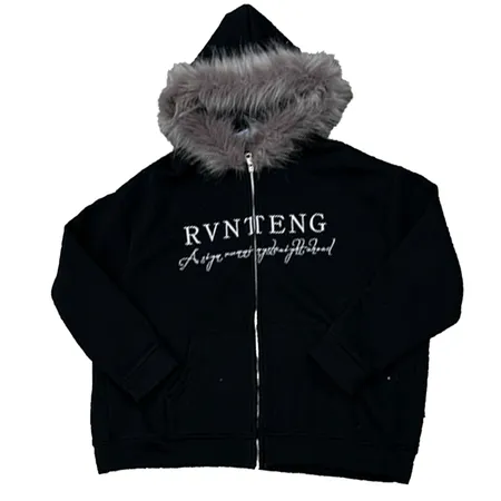RVNTENG Faux Fur Zip-Up Hoodie Black product photo