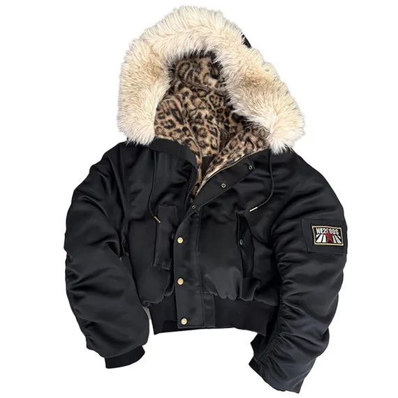 noEmosen Leopard Fur Collar Bomber Jacket product photo